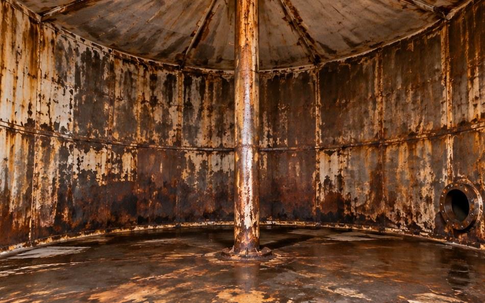 Representative image: tank interior with heavy rust and scale on the walls, floor and centre column