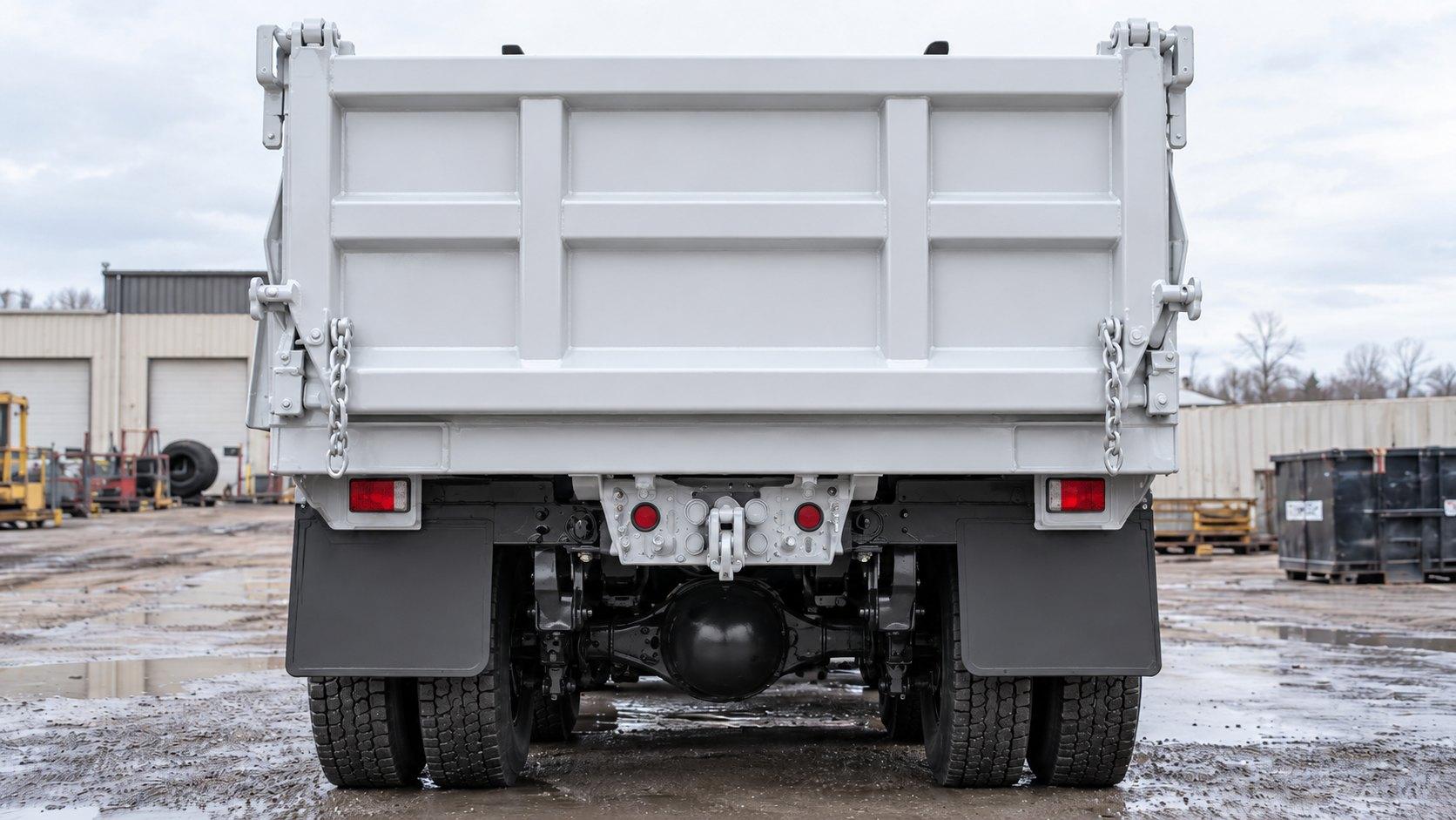 Representative image: the same dump truck after painting, grey box and tailgate with a black frame and axle