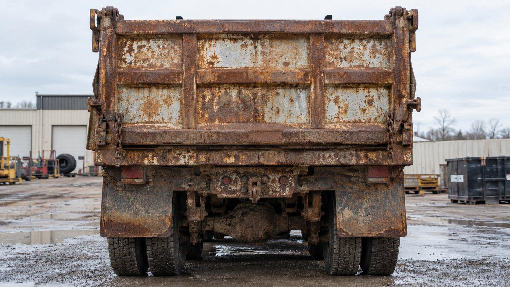Representative image: rear of a dump truck with a heavily rusted box, tailgate and frame